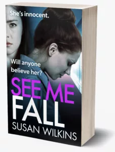 Crime thriller fiction from Susan Wilkins Image two female headshots to represent two sisters in conflict. Cover for See Me Fall