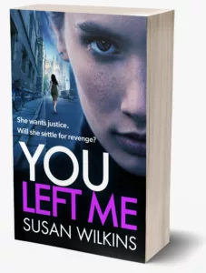 Crime thriller fiction from Susan Wilkins. Image - Cambridge street with female figure running away. Foreground image of female face